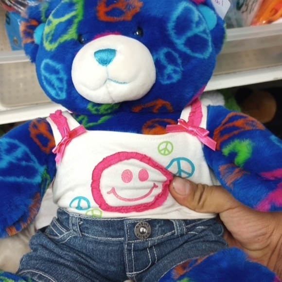 Build A Bear Blue Teddy Bear Jeans Peace Sign Friendship Plush Stuffed toy - Picture 4 of 4